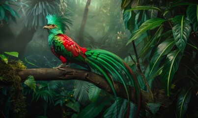Colorful Exotic Bird in Lush Green Tropical Rainforest Environment