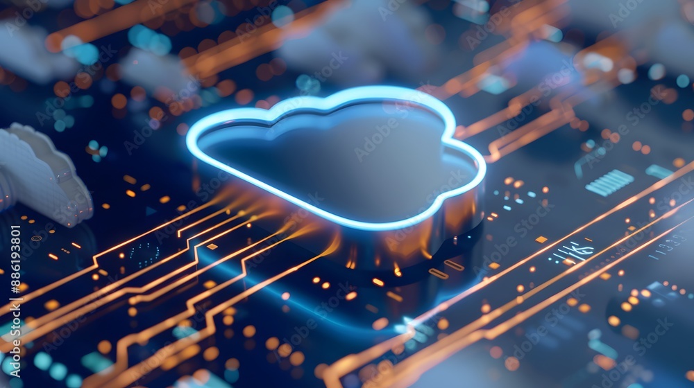 Poster neon cloud symbol on circuit board representing cloud computing technology, data storage, and intern