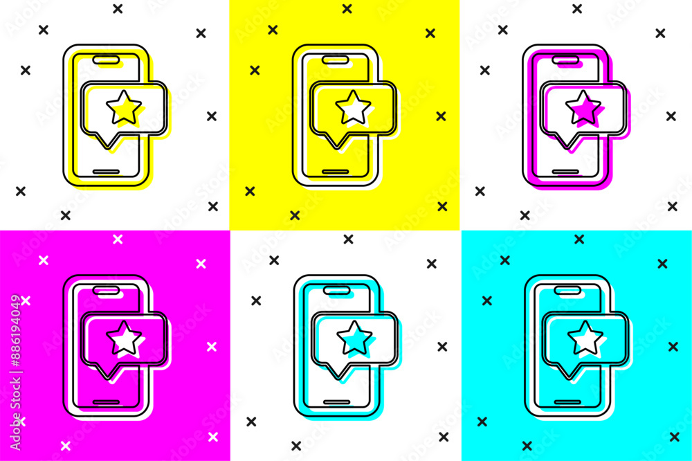 Poster set mobile phone with review rating icon isolated on color background. concept of testimonials messa
