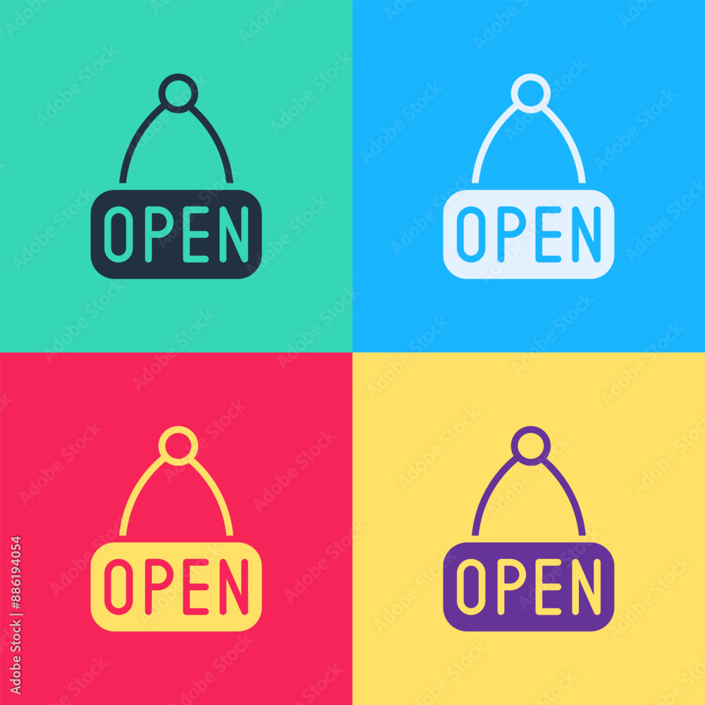 Aufkleber pop art hanging sign with text open door icon isolated on color background. vector
