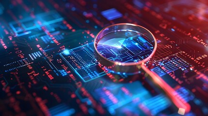 Magnifying glass highlighting a document in an abstract technological setting, symbolizing IT Security Risk Assessment and protection