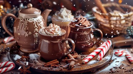 Fototapeta premium A festive hot cocoa setup with mugs topped with whipped cream, surrounded by candy canes, cinnamon sticks, and a teapot. Holiday and winter concepts.