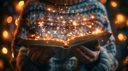 Magical book with glowing floating puzzle pieces emanating from its pages..