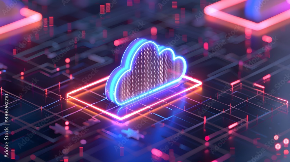 Aufkleber neon glowing cloud computing icon on digital circuit background, representing data storage, network,