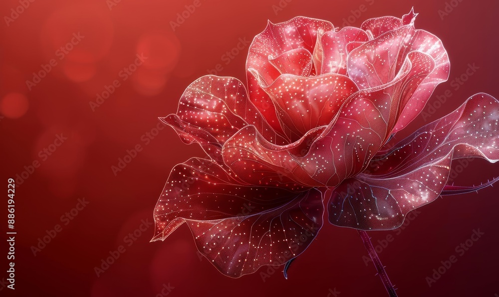 Aufkleber abstract red rose with illuminated petals and microdots on red background