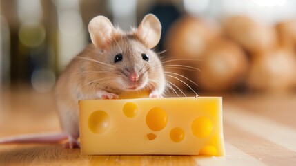 Cute Mouse with a Piece of Cheese