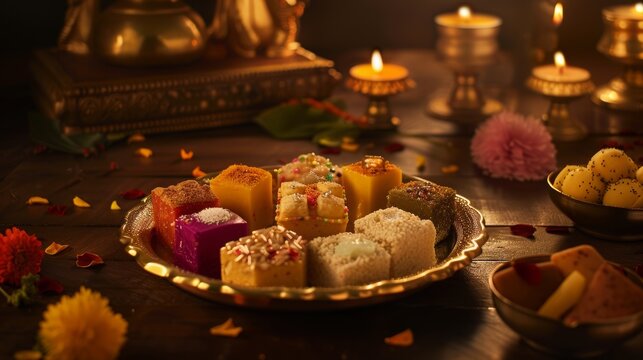 Assorted Indian Sweets in a Golden Tray with Festive Diwali Decorations