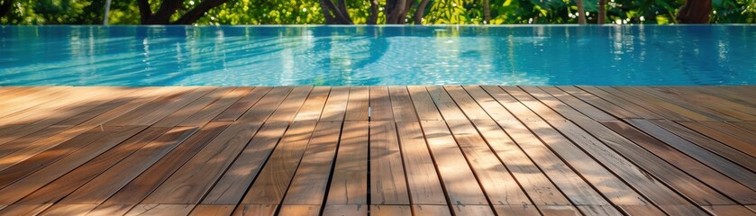 Obraz premium Serene image of a wooden deck next to a clear swimming pool with lush greenery in the background, perfect for vacation and relaxation themes.