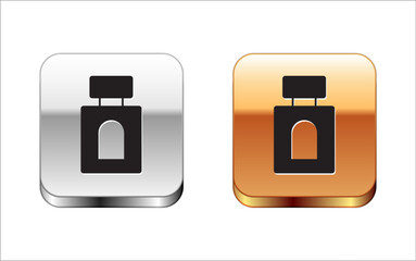 Black Aftershave icon isolated on white background. Cologne spray icon. Male perfume bottle. Silver and gold square buttons. Vector