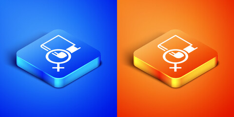 Isometric Book about women icon isolated on blue and orange background. 8 March. International Happy Women Day. Square button. Vector