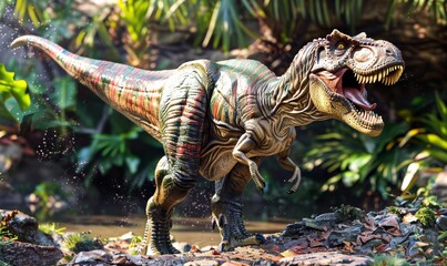 Obraz premium Realistic Dinosaur in Lush Jungle Setting with Vibrant Greenery