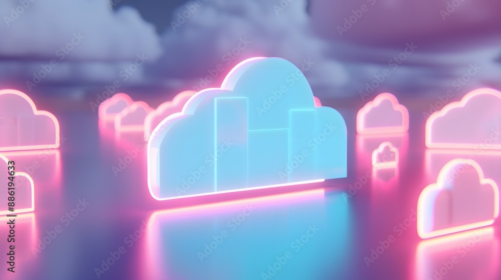 Poster neon-glowing cloud icons in a futuristic style, symbolizing cloud computing and modern digital techn