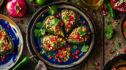 Festive Chiles en Nogada with Creamy Walnut Sauce and Pomegranate Seeds - Wide Shot