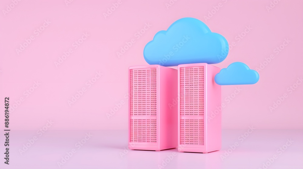 Poster pink data servers with blue clouds symbolizing cloud computing on a pastel pink background, indicati