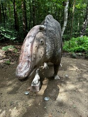 Zaurolof dinosaur. Realistic figure of an Zaurolof dinosaur inforest park in Kazimierz Sosnowiec. Prehistoric predator create a fascinating element of the landscape, attracting dinosaur lovers. © Chawran