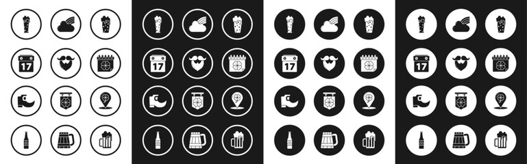 Set Glass of beer, Mustache and beard, Saint Patrick's day with calendar, Patricks, Rainbow cloud, Location four leaf clover and Tradition leprechaun boots icon. Vector