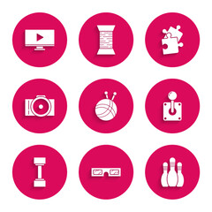 Set Yarn ball with knitting needles, 3D cinema glasses, Bowling pin, Joystick for arcade machine, Dumbbell, Photo camera, Piece of puzzle and Online play video icon. Vector