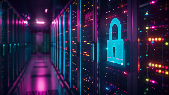 Data center server room with digital padlocks and colorful lights