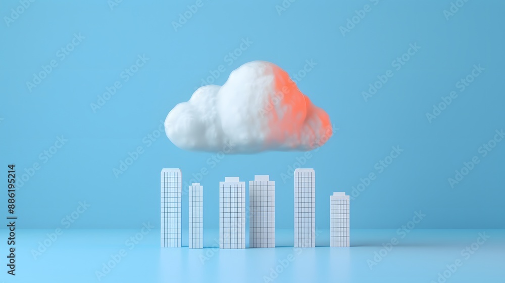 Poster surreal cloud floating above stylized cityscape with blue background, conveying digital and cloud co