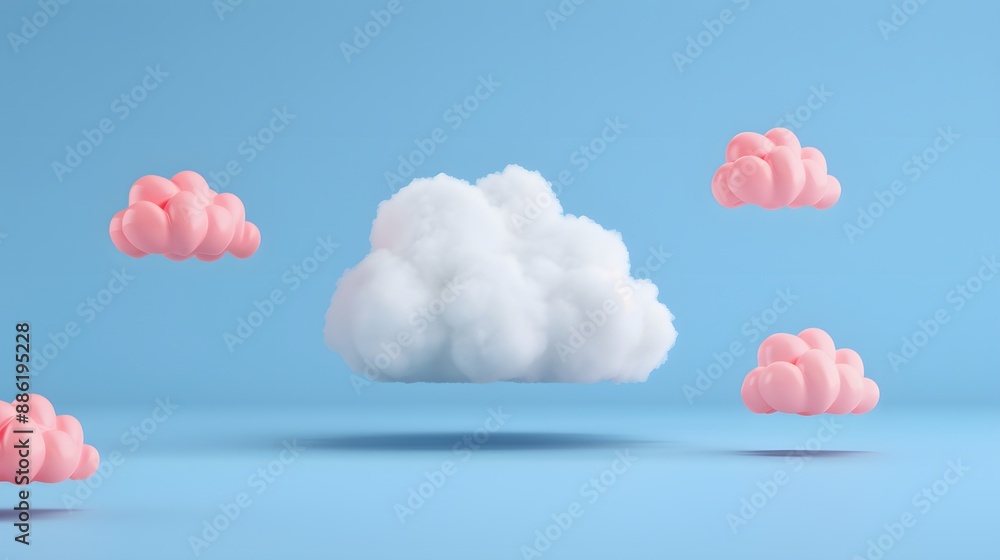 Poster surreal image of floating clouds in a blue sky, featuring one large white cloud and several smaller 