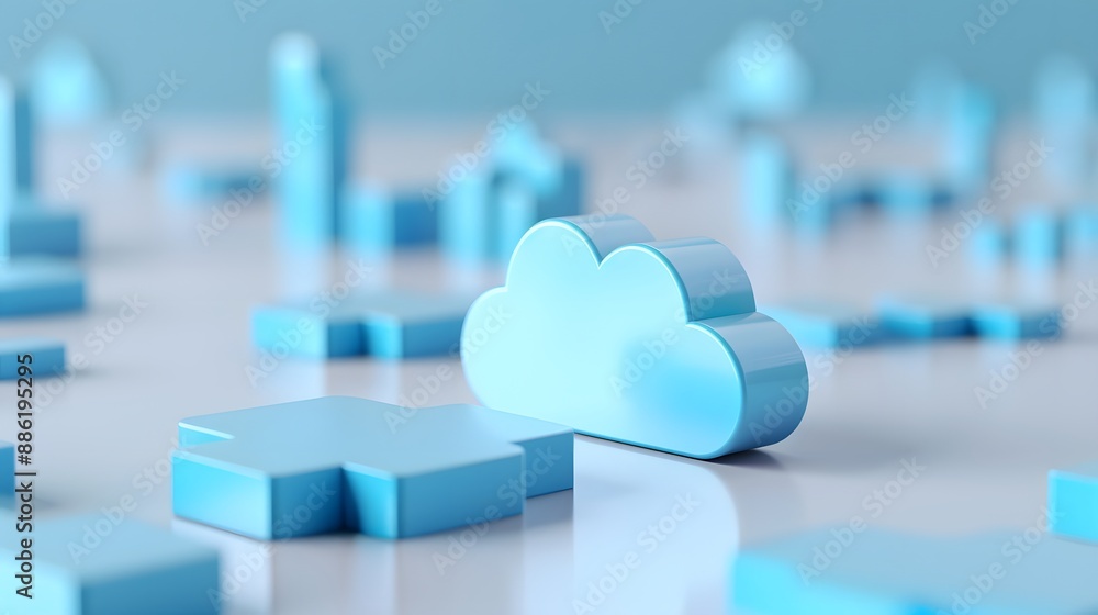 Poster this image features a close-up of a 3d blue cloud model with abstract shapes in the background, symb