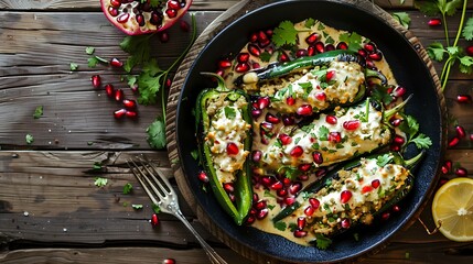 Festive Chiles en Nogada with Creamy Walnut Sauce and Pomegranate Seeds - Wide Shot