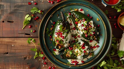 Festive Chiles en Nogada with Creamy Walnut Sauce and Pomegranate Seeds - Wide Shot
