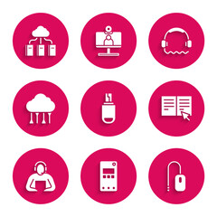 Set USB flash drive, Mobile phone, Computer mouse, Online book, Student, Network cloud connection, Headphones and Cloud online library icon. Vector