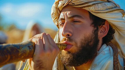 Jewish man in a tallith,Jewish prayer shawl, blowing the Shofar (horn) of Rosh Hashanah (New Year). Shofar - Religious symbol.