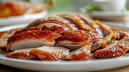 Sliced Roasted Duck on a White Plate