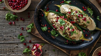 Festive Chiles en Nogada with Creamy Walnut Sauce and Pomegranate Seeds - Wide Shot