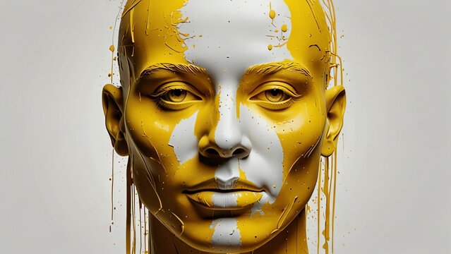 A yellow abstract art piece a human face and head on white background