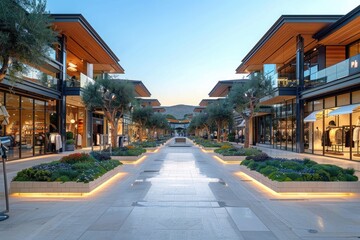 Modern upscale shopping plaza with lush landscaping and outdoor seating