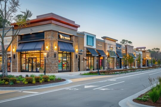 Modern shopping center with brick facades and large windows at dusk