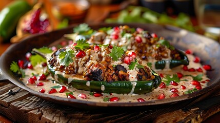 Festive Chiles en Nogada with Creamy Walnut Sauce and Pomegranate Seeds - Wide Shot