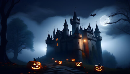 Creepy and mysterious medieval castle at night. Background for Halloween. 夜の不気味で神秘的な中世の城。ハロウィンのための背景。