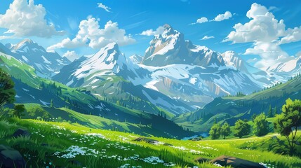 Scenic Mountain Landscape with Vivid Greenery and SnowCapped Peaks