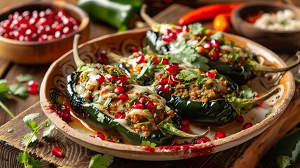 Festive Chiles en Nogada with Creamy Walnut Sauce and Pomegranate Seeds - Wide Shot