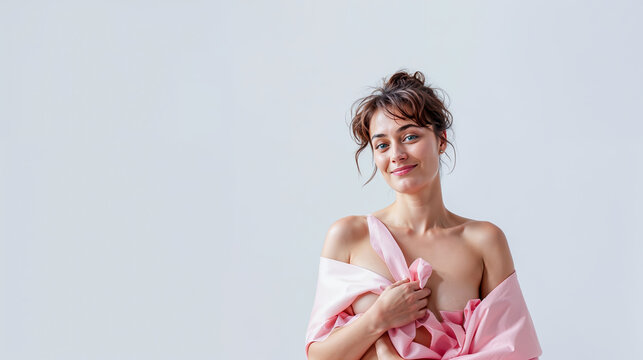 femme nue, habill&eacute;e avec un rubans rose, symbole de la lutte contre le cancer du sein pendant octobre rose
