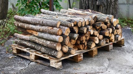 Neatly Arranged Split Logs on Wooden Pallet, Ready for Indoor Transportation, Ideal for Fireplace or Wood Stove Use During Winter