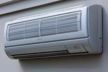 Obraz premium Modern air conditioner unit mounted on exterior wall of house