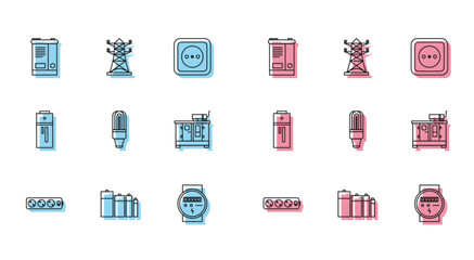 Set line Electric extension cord, Battery, Car battery, meter, LED light bulb, Diesel power generator, and High voltage pole line icon. Vector