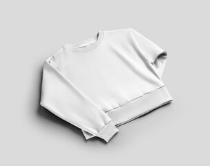 Mockup of white women's crop sweatshirt, front view, subject presentation diagonally, for design, pattern, branding.
