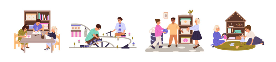 Happy kids play games together set. Children drawing on table. Friends catch, throw ball. Little girls, boys have fun with toys, dolls, trains. Flat isolated vector illustrations on white background