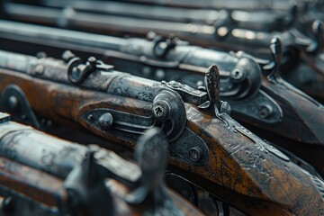 Row of Antique Muskets with Intricate Designs