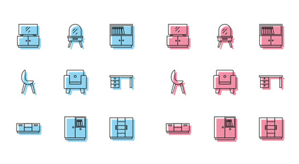 Set line Furniture nightstand, Wardrobe, TV table, Armchair, Office desk, and Dressing icon. Vector