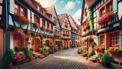 Naklejka premium A quaint European village with cobblestone streets and flower-filled windows.