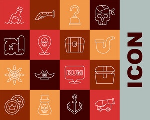 Set line Cannon, Antique treasure chest, Smoking pipe, Pirate hook, Location pirate, map, Bottle with message water and icon. Vector