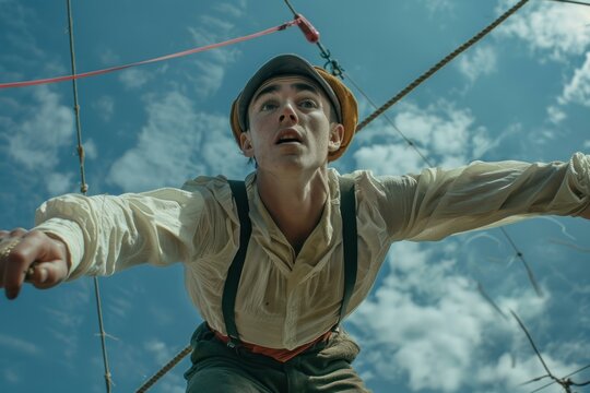 Young acrobat is balancing on a high wire, concentrating on his balance as he performs for an audience