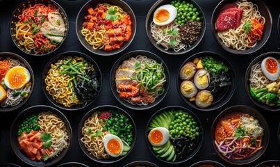 Fototapeta premium Assorted Vibrant Bowls of Noodle Dishes in Black Plates